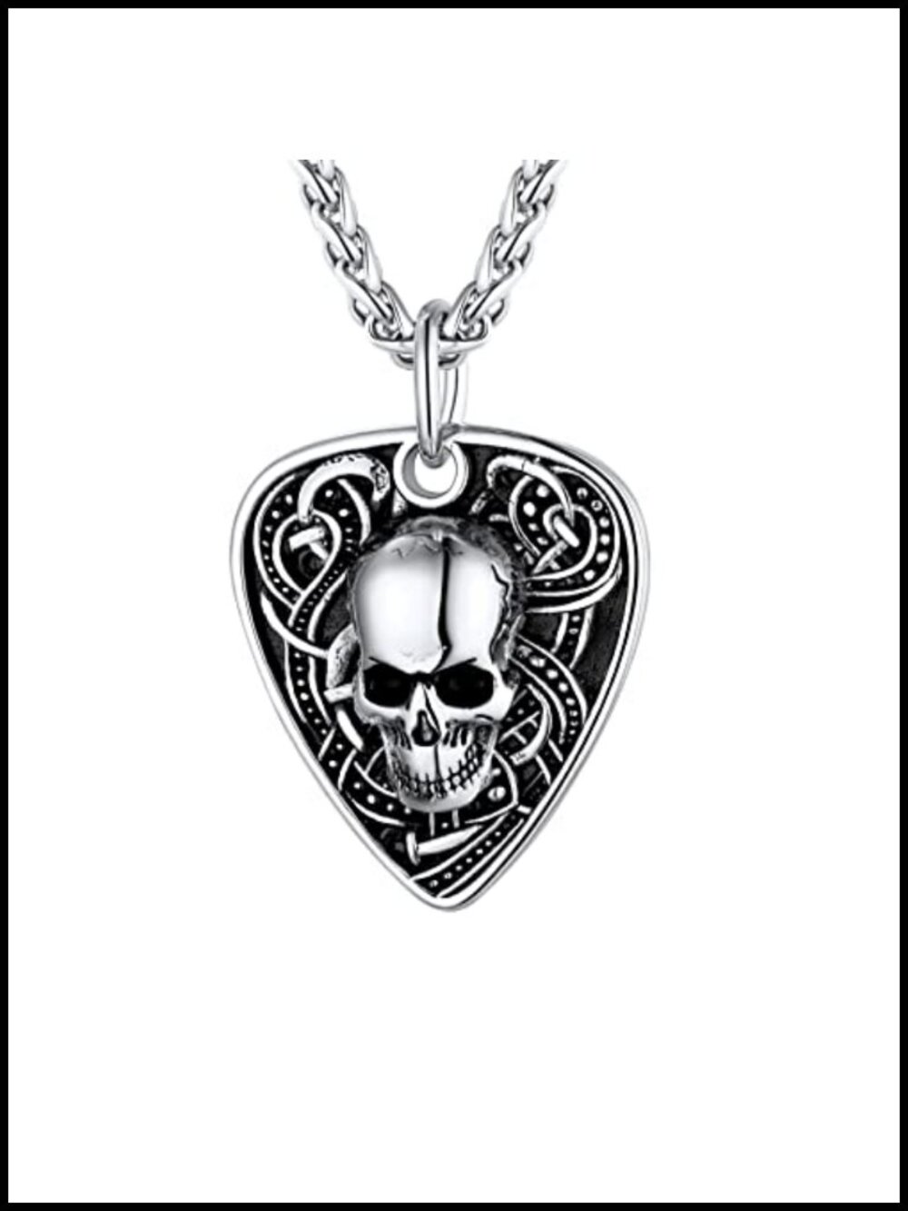 Mens Stainless Steel Guitar Pick Skull Pendant Necklace 22in Chain